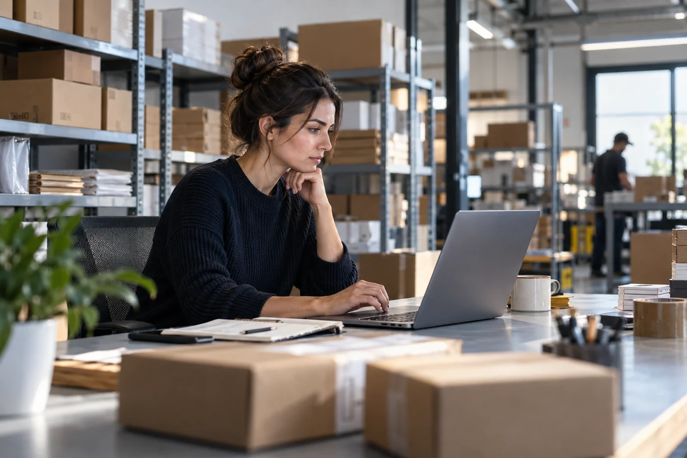 Online business operator reviewing orders at a desk in a fulfillment workspace